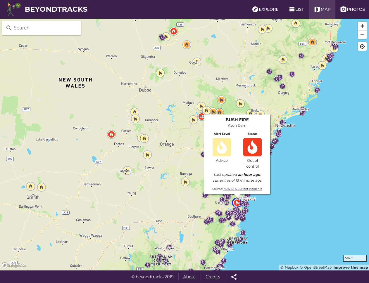 BeyondTracks map showing fire incidents